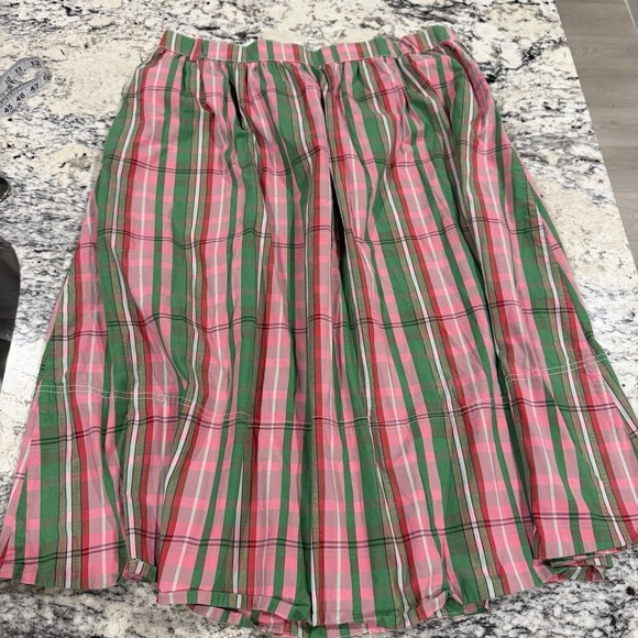 J CREW Midi Skirt 16 Pink Green Plaid Check Organic Cotton Button Front Pocket - Picture 5 of 11